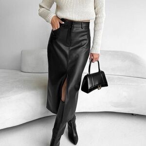 Commense Black Leather Pencil Skirt